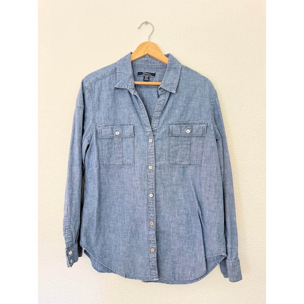 Tommy Bahama Button Down Shirt Women M Blue Denim Chambray Long Sleeve Excellent